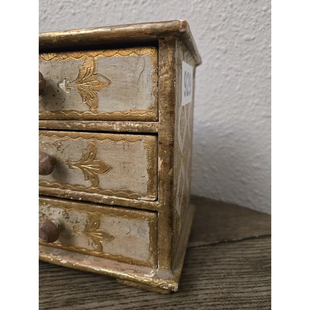 VINTAGE ITALIAN FLORENTINE JEWELRY BOX CHEST 3 DRAWER Gold Cream Pink 6.5